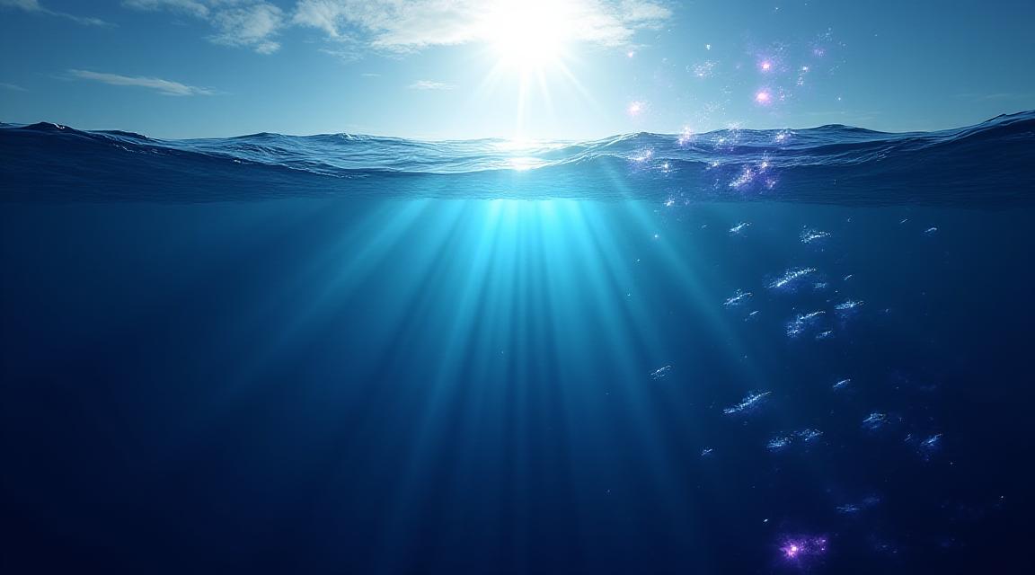 Ocean surface with deep blue water and data overlay highlighting marine biomass levels
